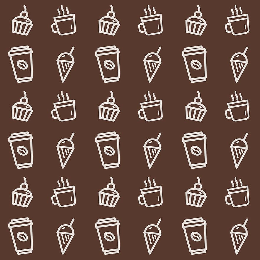 barna, kávé, muffin, jégkrém, koffein, kávézó, minta, tervezés, tapéta, zökkenőmentes, varrat nélküli mintát