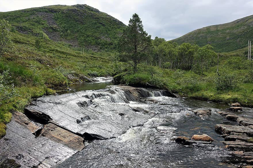 fiume, foresta, Norvegia, natura, montagna, paesaggio, acqua, estate, colore verde, fluente, roccia
