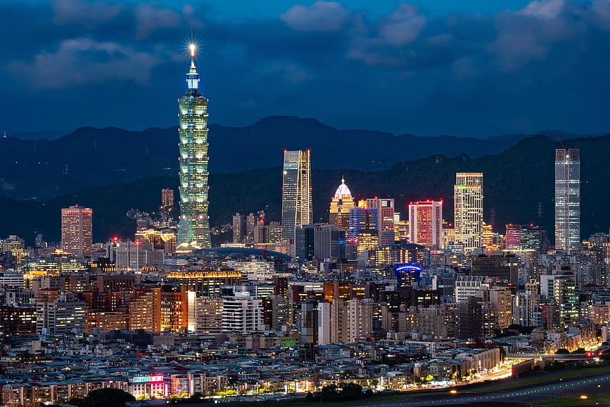 cidade, viagem, turismo, Taipei, Taiwan, construção, arranha-céu, noite, urbano, metrópole