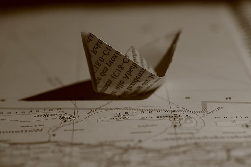 mapa, vaixell, llac, paper, artesania