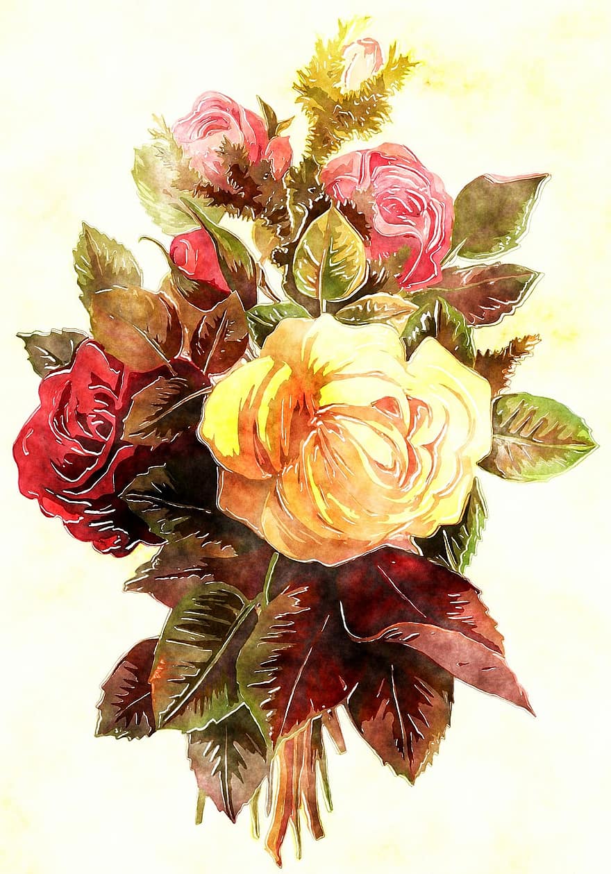 Watercolour, Watercolor, Painting, Ink, Style, Artistic, Vintage, Nature, Bouquet, Flowers, Floral
