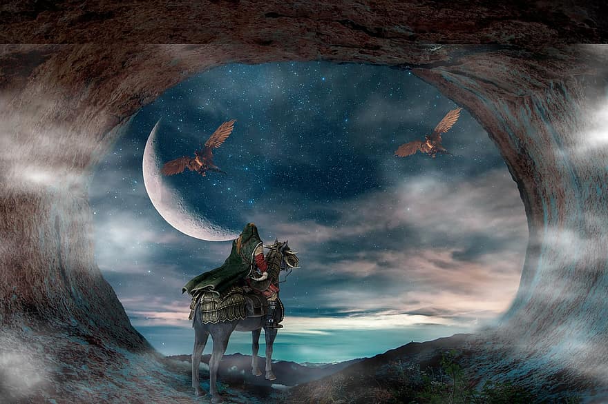 Background, Knight, Horse, Warrior, Fantasy, Mystical, Clouds, Nature, Landscape, Digital Art, night