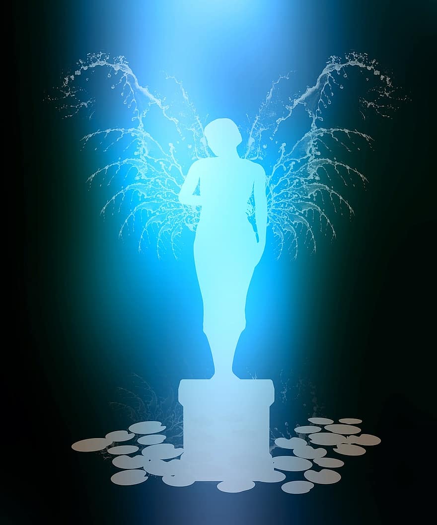天使、翼、水、天使の、ファンタジー、聖なる、天、シンボル、翼のある、スピリチュアル、ブルーファンタジー