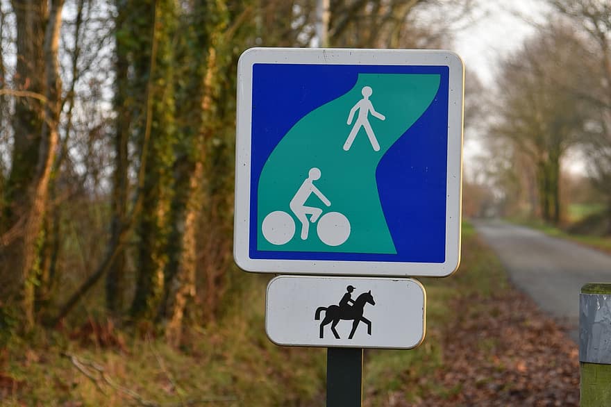 rètol, passeig, caminador, ciclista, vianants, pilots, signe, bicicleta, ciclisme, senyal de trànsit, símbol
