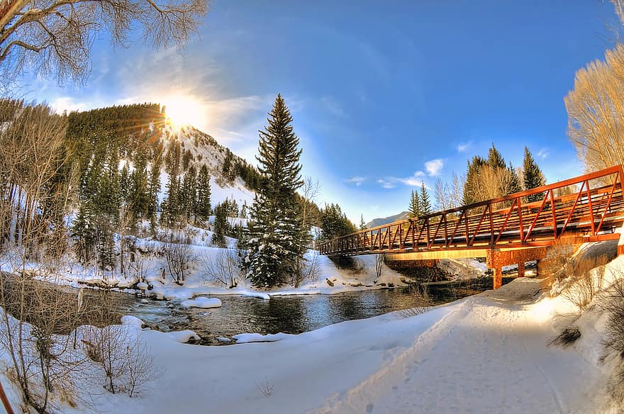 кафяви камбани, зима, бяла река, река, трепетлика, мост, Колорадо, околност, гора, пейзаж, планина
