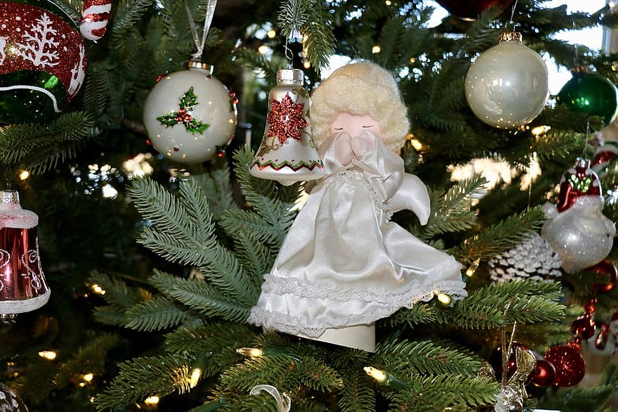 Boże Narodzenie, choinki, anioły, ozdoby, evergreeny, zimowy, grudzień, drzewo, dekoracja, uroczystość, drzewko świąteczne