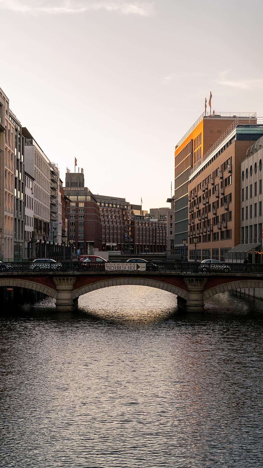Хамбург, мост, река, град, сгради, вода, канал, воден път, къщи, градски, залез