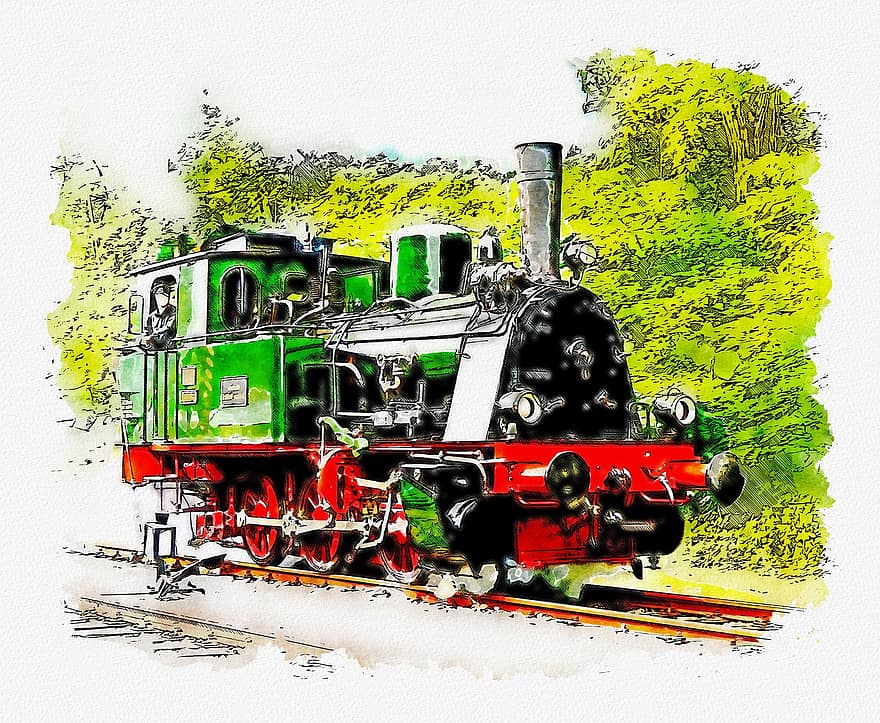 lokomotyvas, traukinys, akvarelė, kraštovaizdį, transportavimas, geležinkelio, garai, kelionė