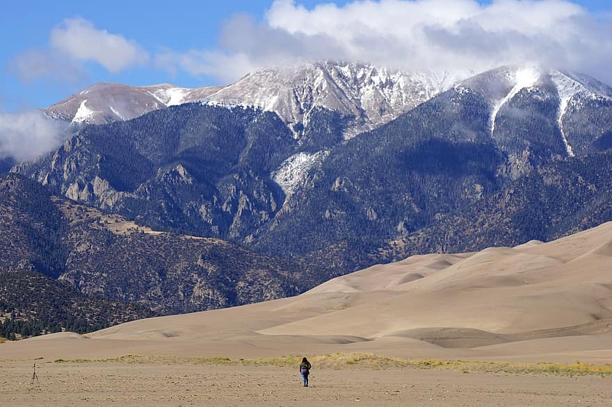 Mountains, Great Sand Dunes, Clouds, Peak, Sand