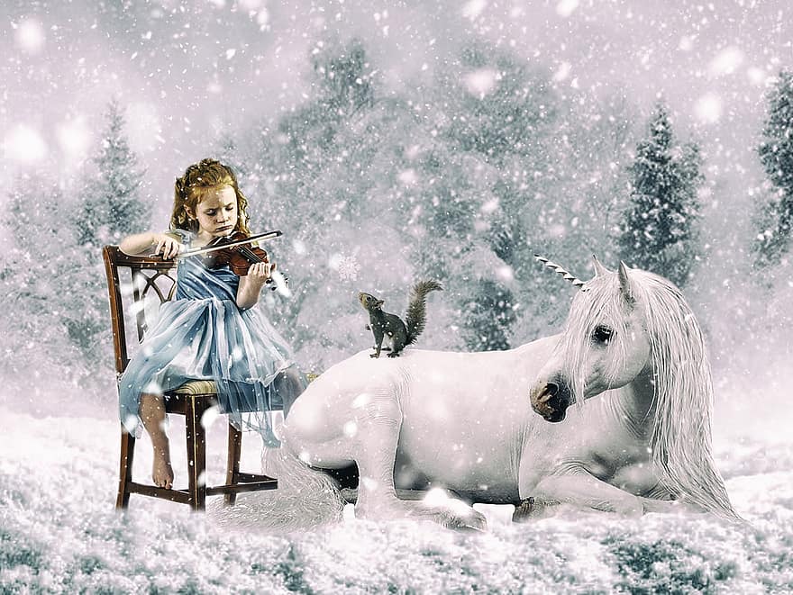 unicorn, salju, musim dingin, fantasi, gadis, biola, hari Natal, dekorasi, latar belakang digital, Latar Belakang