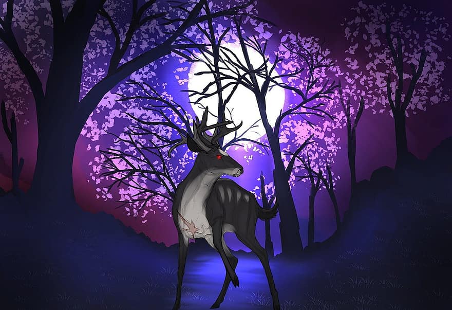 Background, Deer, Mystical, Fantasy, Forest, Trees, Moon, Moonlight, Full Moon, Mystical Forest, Digital Art