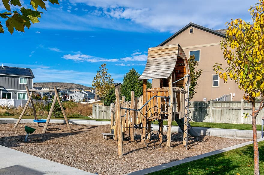 Playground, House, Outdoors, Town