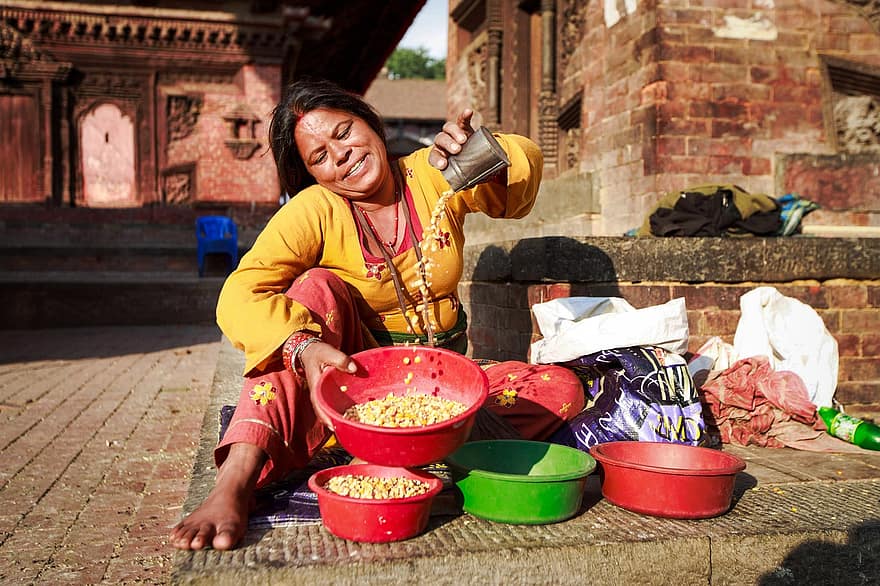 donna, strada, Kathmandu, Nepal, ritratto, persona, dito