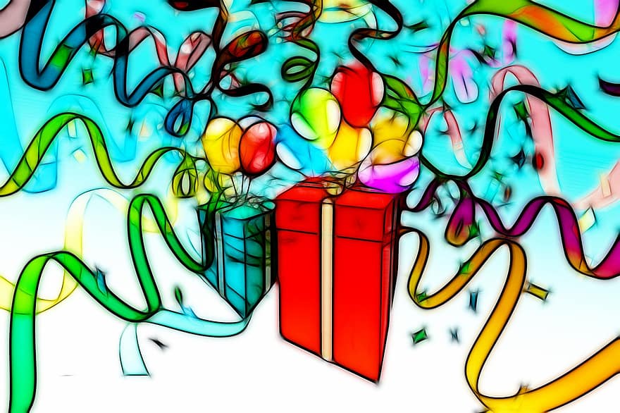 δώρα, μπαλόνια, κομφετί, γενέθλια, έκπληξη, πακέτο, εορτασμός