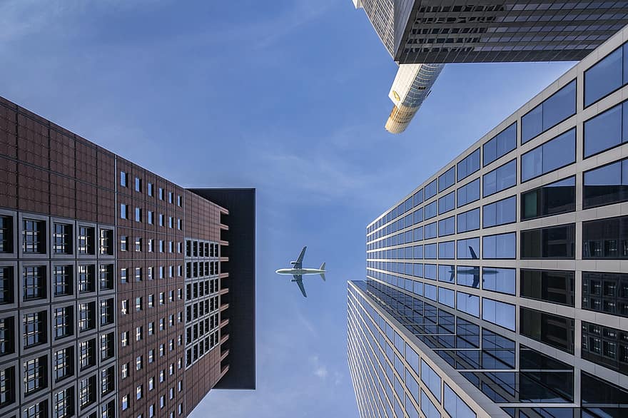 orlaivių, lėktuvas, dangoraižiai, pastatai, architektūra, miestas, dangus, atspindėjimas