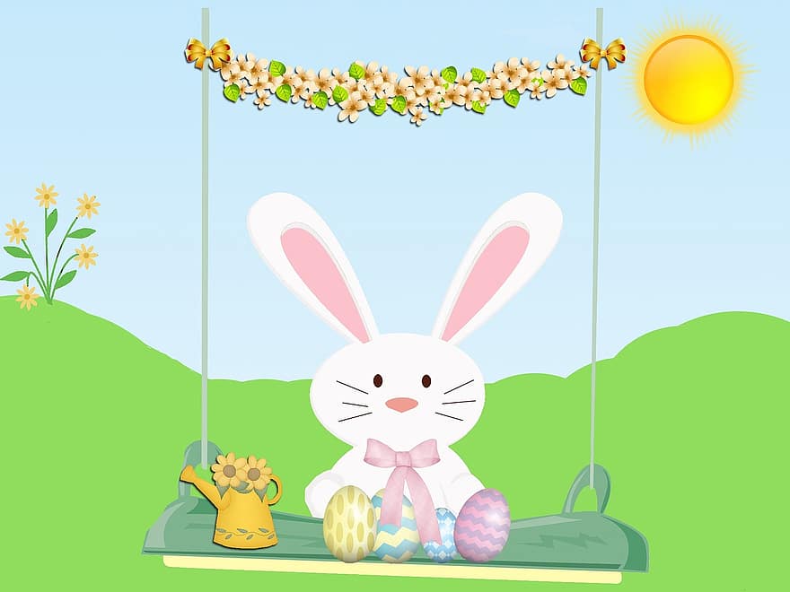 кролик, Великдень, гойдалки, гірлянда, квіти, літо, лійка