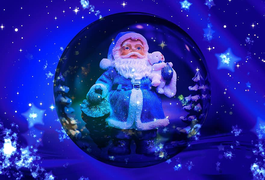 Navidad, Nicolás, bola, adornos de navidad, estrella, azul, fondo, Papá Noel, figura, decoración, regalos