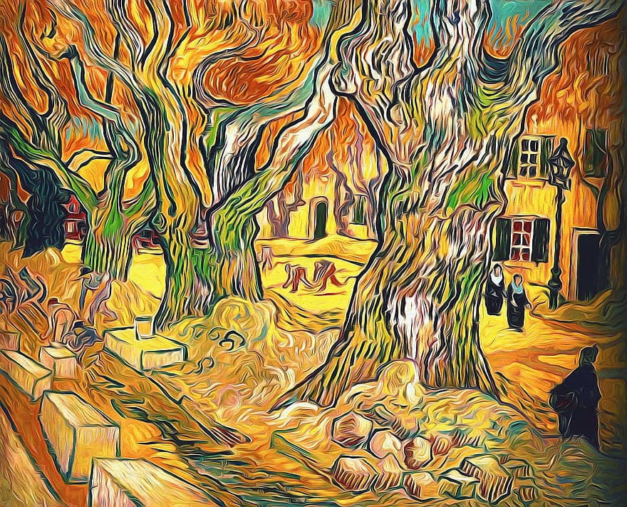 деревья, картина, Винсент Ван Гог, Изобразительное искусство, цифровой, пост Импрессионизм, импрессионистский, Голландский, сельская местность, сцена, декорации