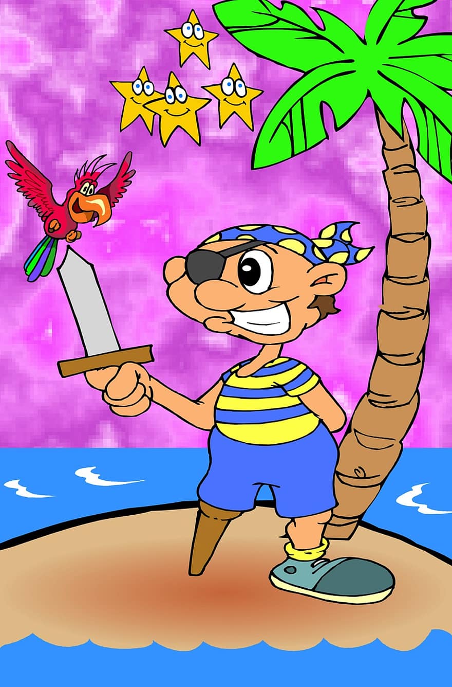 Pirate, Island, Sword, Stranded, Kids, Poster, Fun, Clip Art, Drawing, Cartoon, Character