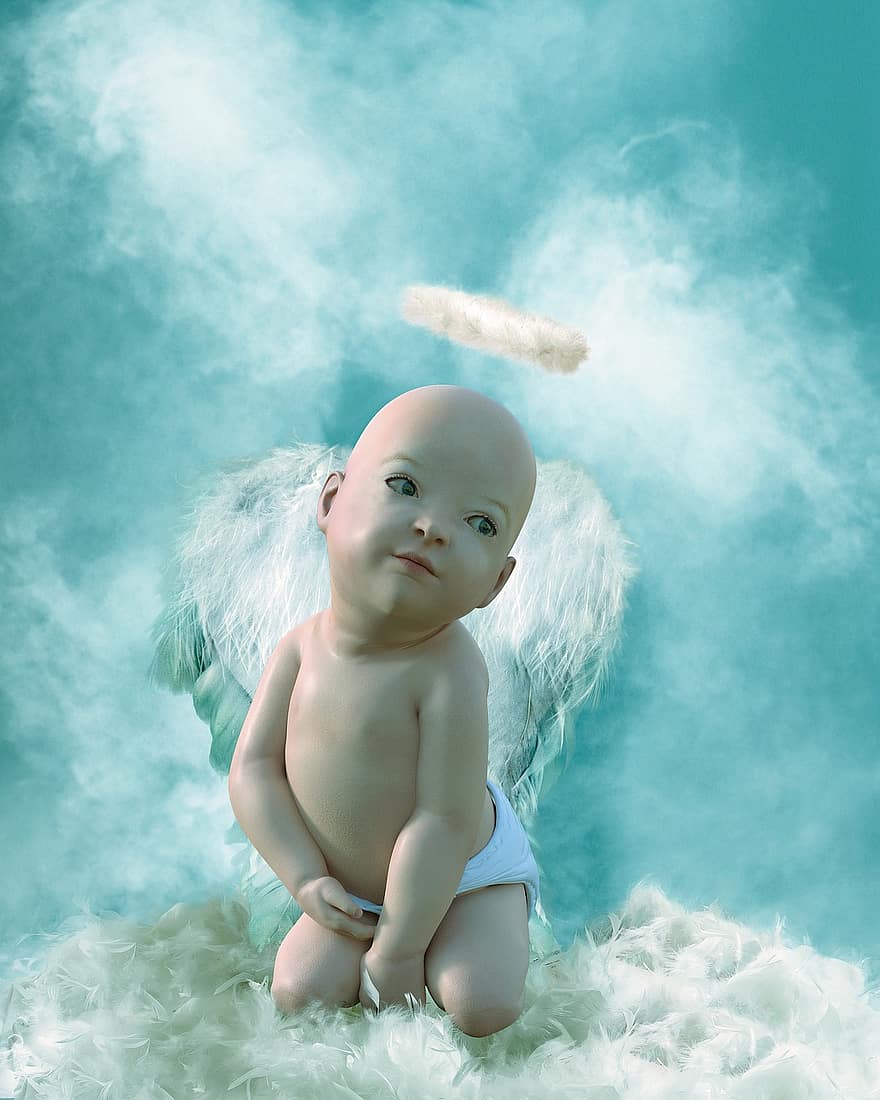 vauva, enkeli, taivas, pilviä, siipi, söpö, lapset, lapsi, makea, pieni lapsi, viehättävä