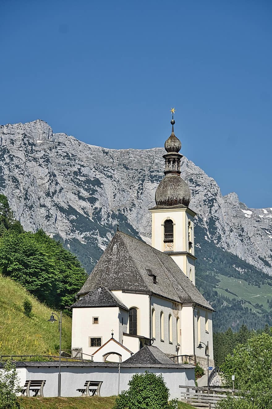 kirke, arkitektur, bjerge, rejse, turisme