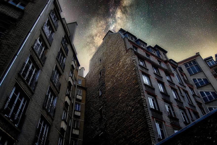 ēka, zvaigznes, debesis, naktī, krēslas, galaktika, astronomija, piena ceļš