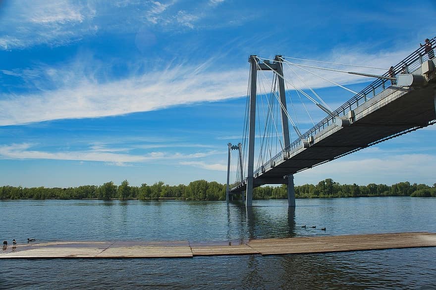 Russland, bro, yenisei -elven, vann, blå, sommer, arkitektur, transport, berømt sted, landskap, refleksjon