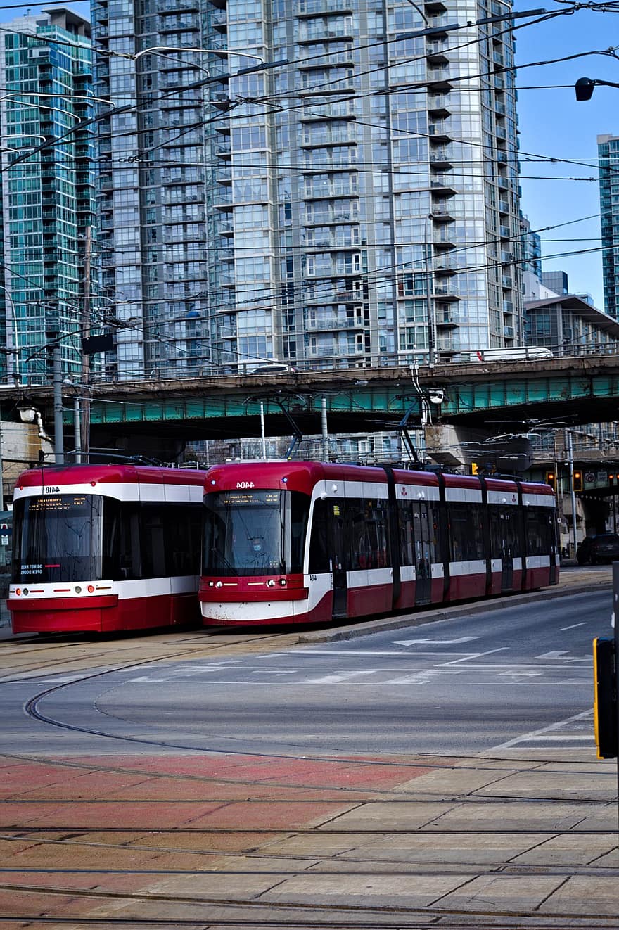 Tram, Streetcar, City, Road, Tramway Tracks, Street, Downtown, Urban, Toronto Transit Commission, Toronto, Ontario