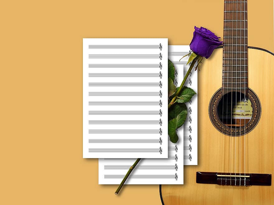 guitarra, partitura, música, Rosa, instrumento musical, guitarra acustica, guitarra clásica