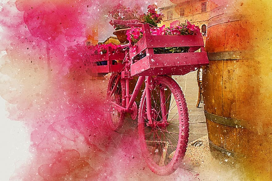 ποδήλατο, λουλούδια, τέχνη, αφηρημένη, ακουαρέλα, κρασί, Κοντομάνικη μπλούζα, καλλιτεχνικός, ρομαντικός, σχέδιο, υδατογραφία