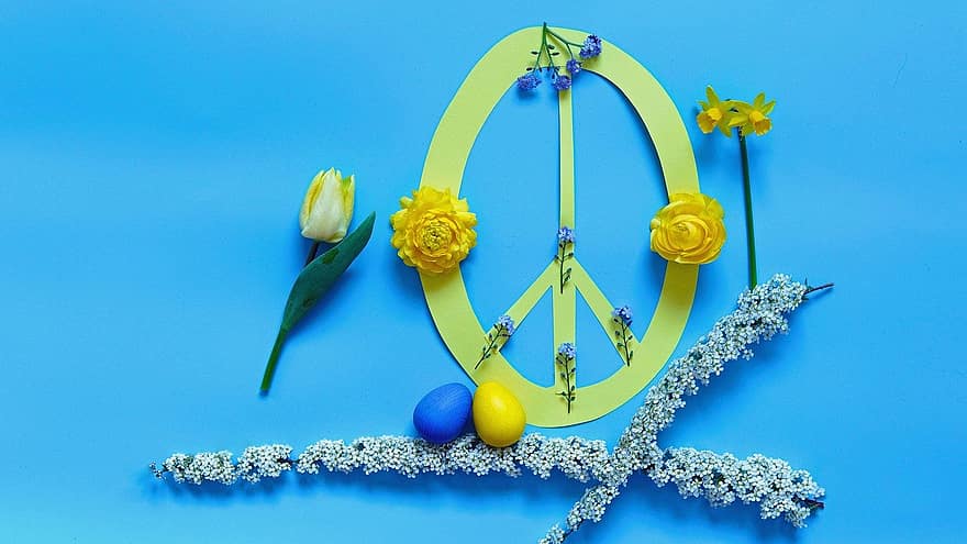 fred, Ukrainas flaggfarger, fredssymbol, Ukraina, Påsken 2022, Våren 2022, Ukraina farger, påskeegg, fredstegn, dekorasjon, blå