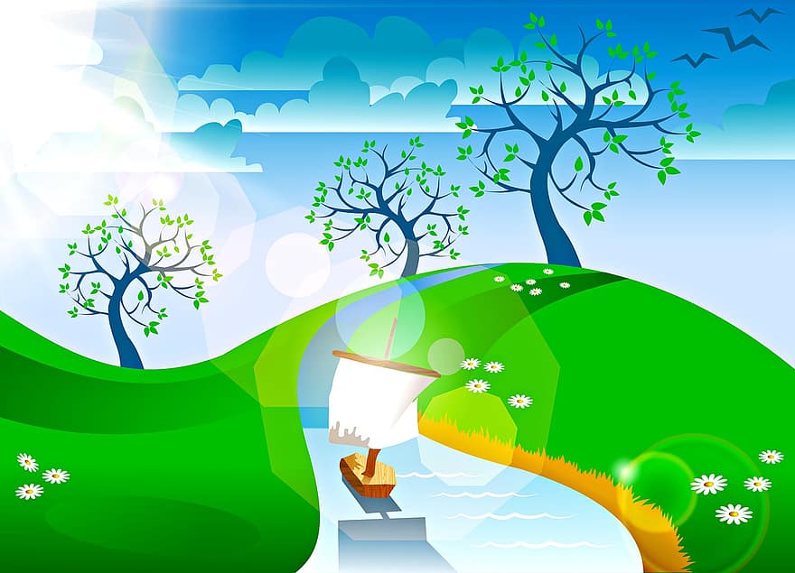 сонячні промені крізь дерева, природа краєвид, Річка з човном, іграшковий човен, пагорб, дерева, весна, літо, краєвид, природи, небо