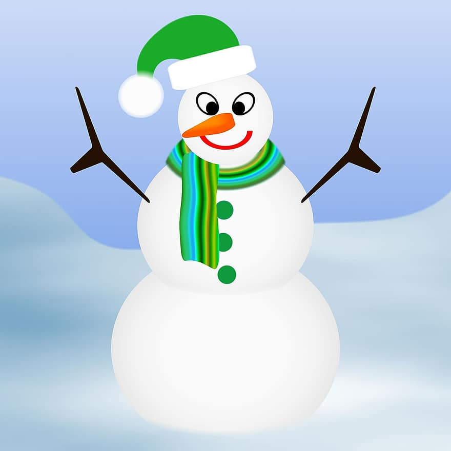снежен човек, дълъг нос, шал, шапка с козирка, облаци, сняг, морков, клон, bobcap, бял, зелен