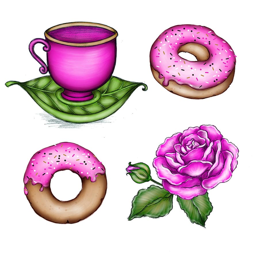 donut, kaffe, kop, rosa, blomst, mad, sød, sødme