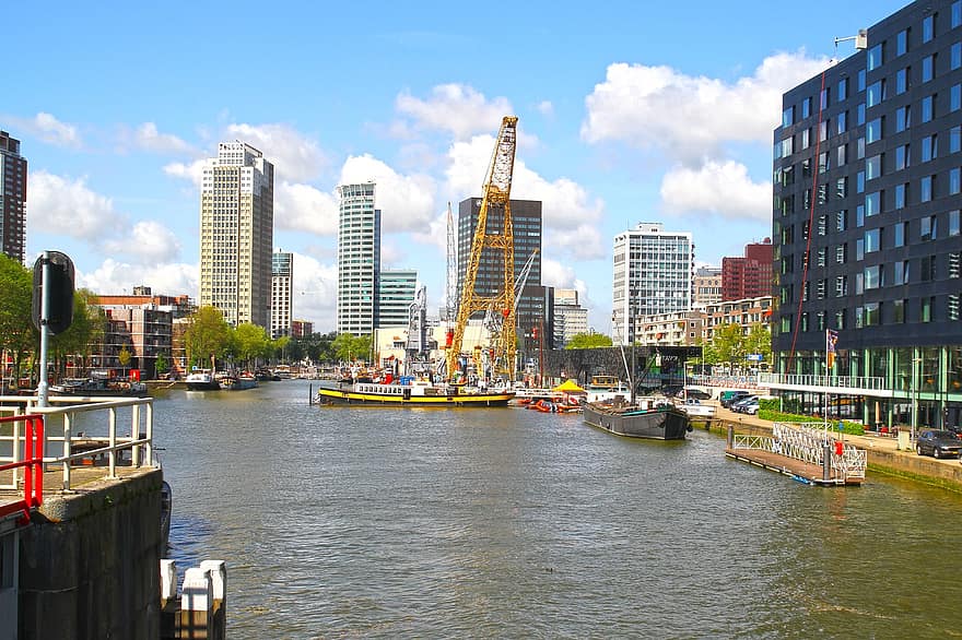 iekšzemes ostu, Roterdama, ēkām, arhitektūra, laivas, ūdensceļu