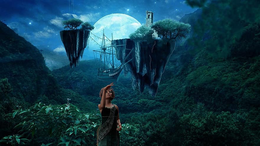 Background, Mountains, Ship, Valley, Floating City, Woman, men, science, fish, underwater, mystery