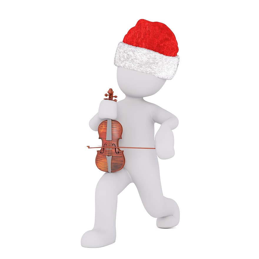 weißer Mann, 3D-Modell, Zahl, Weiß, Weihnachten, Weihnachtsmütze, Geige, die Geige spielen, abspielen, Musikinstrument, Instrument