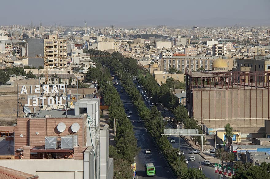 пътуване, град, Иран, Ком, градски, градски пейзаж, архитектура, външна сграда, изглед от въздуха, покрив, висок ъгъл