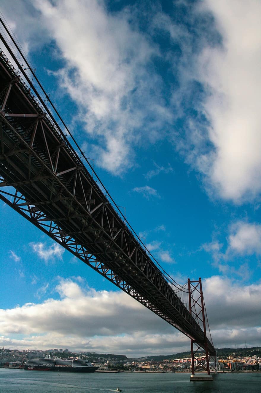 Lizbona, most, rzeka, architektura, Struktura, Most wiszący, Miasto, niebo, panorama, rzeka tagus