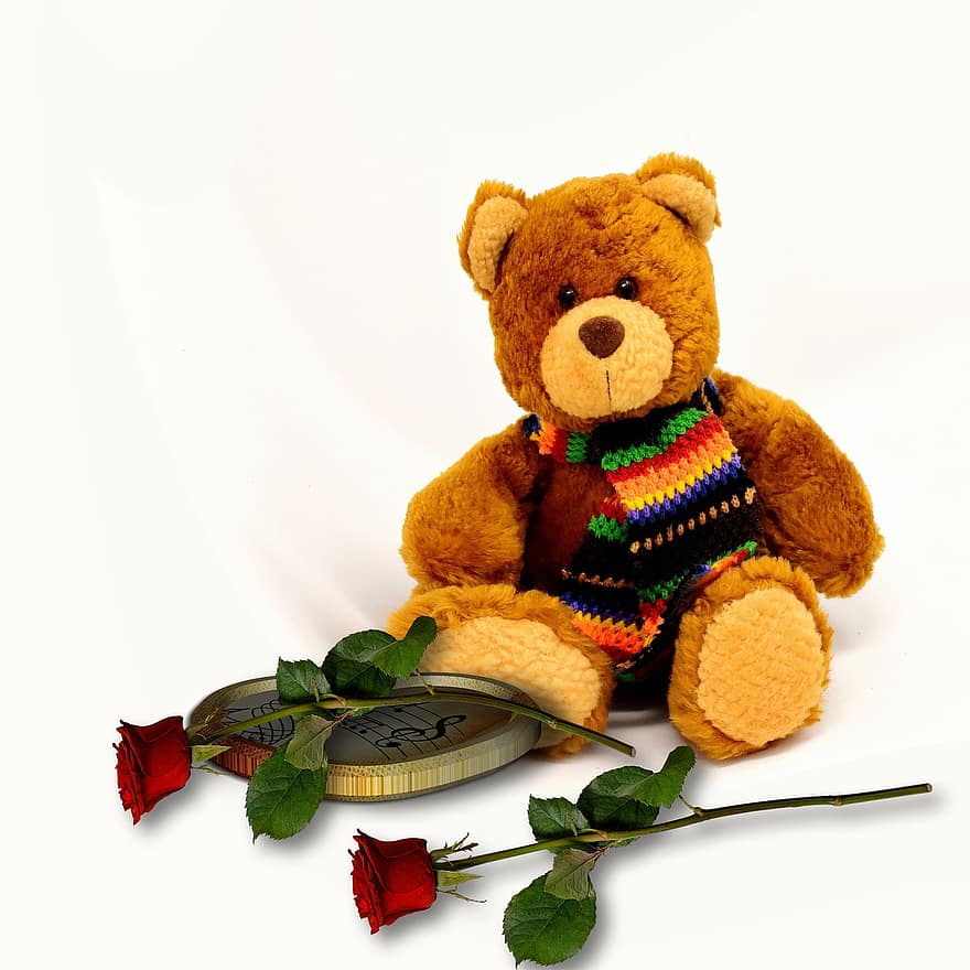 urso Teddy, Urso, fofa, romântico, rosas vermelhas, afeição, ternura