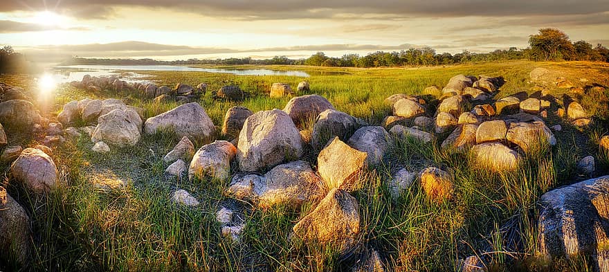 Rocks, Meadow, Panorama, Sunset, Sunrise, Sunlight, Grass, Field, Scree, Stones, Landscape