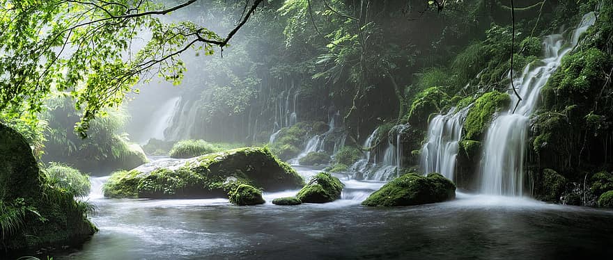 водопад, река, поток, каскады, воды, весна, туман, камень, мох, пейзаж, природа
