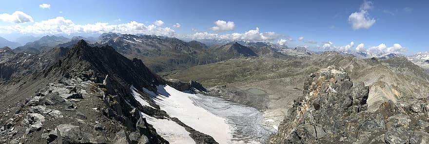 Panorama Fra Central Lace, alpine rute, Alperne, gå, himmel, toppe, udflugter, vandring, bjerge, natur, skyer