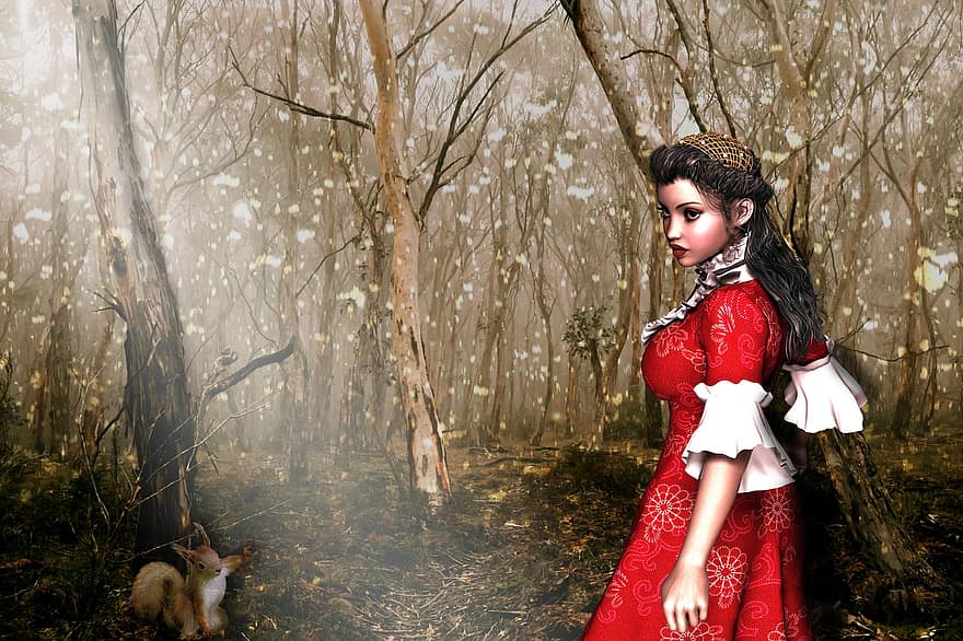 Girl, Forest, Fantasy, Sunset, Nature, Forest Mysterious, Trees, Magic