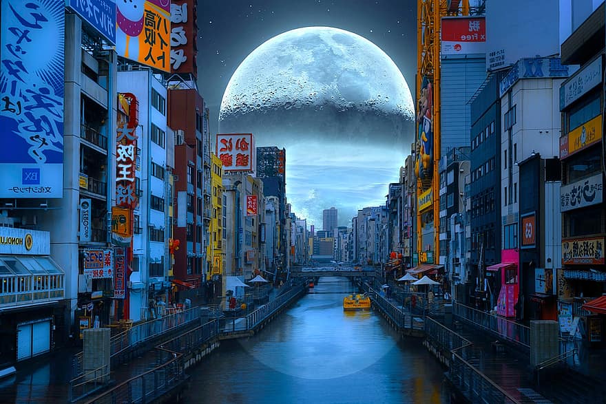 måne, flod, byggnader, fullmåne, kratrar, osaka, japan, fantasi, stad, arkitektur, vatten