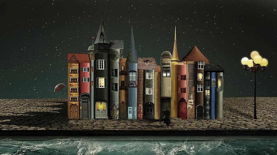 fantasia, livros, casas, paralelepípedos, ruas de paralelepípedos, Casas de livros, estrada, agua, ondas, luminária, leve