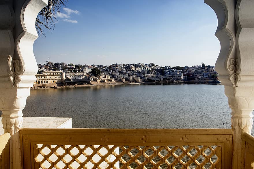 lago, Pushkar, cidade, Índia, varanda, arquitetura, agua, lugar famoso, verão, paisagem urbana, viagem