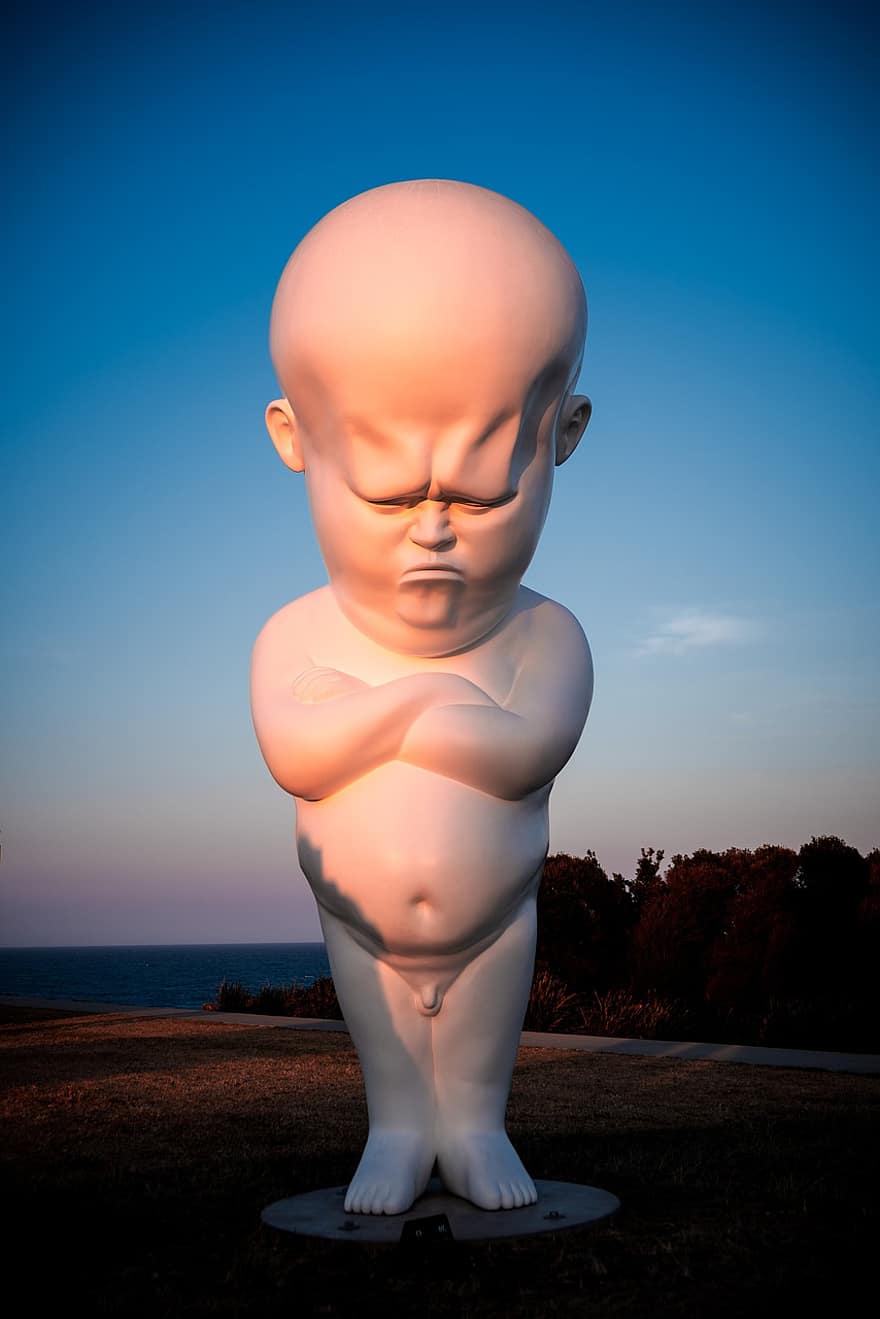 bondi, Bronte, Escultura Mar Sydney, Megamente, estatua, cabeza grande, puesta de sol, linda, niño, una persona, juguete