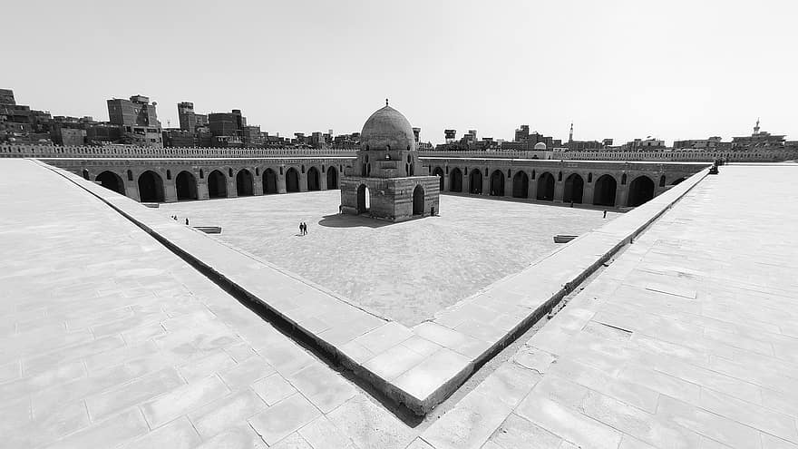 mesquita, ibn tulun, blanc i negre, cúpula, islàmic, religió, patrimoni, edifici, històric, referència, Cairo