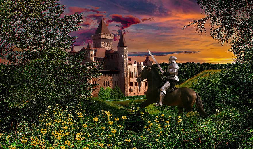 fantezie, castel, cavaler, călăreț, cal, sabie, armură, apus de soare, pădure